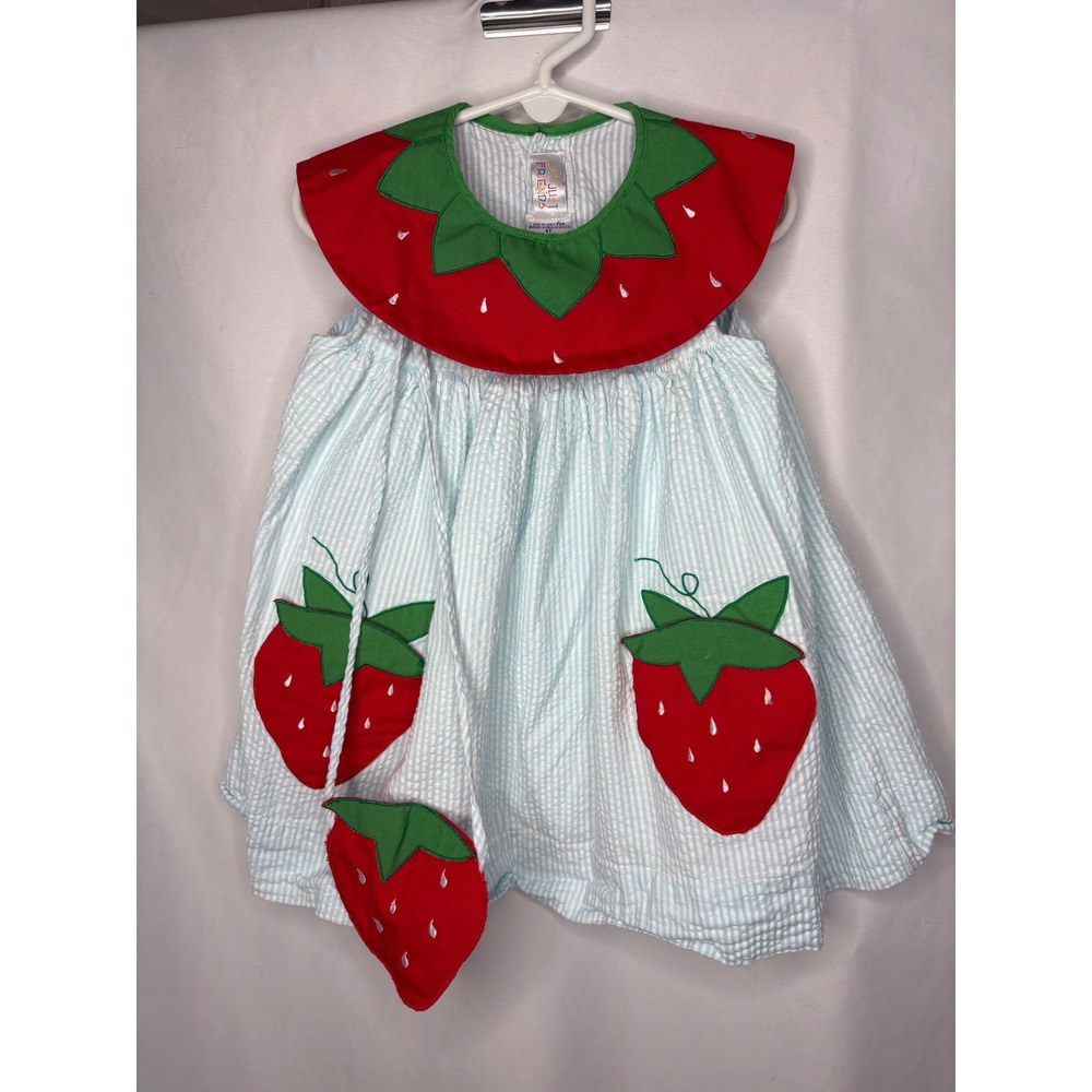 Vtg Just Friends Strawberry Seersucker 3T Dress Blue Striped with Purse Kidcore